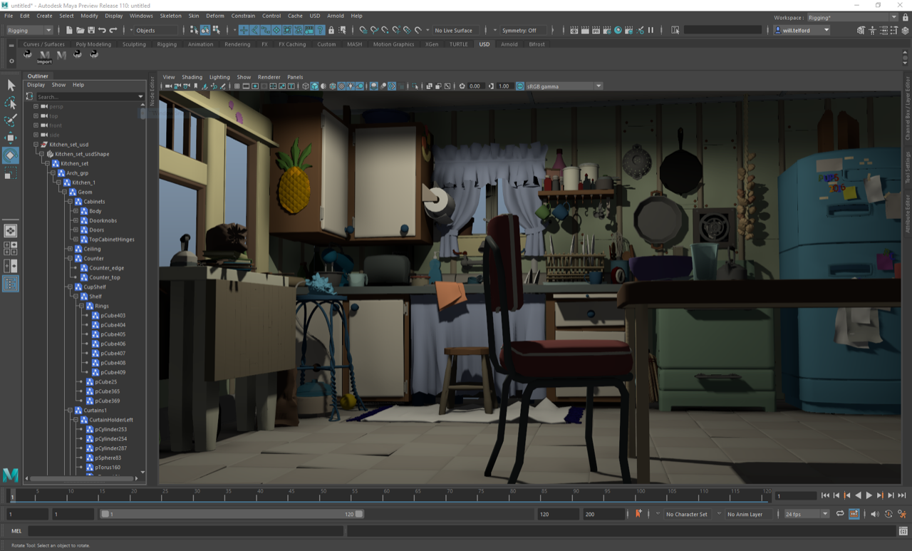 Autodesk Maya软件的截图，显示了厨房的动画场景。
