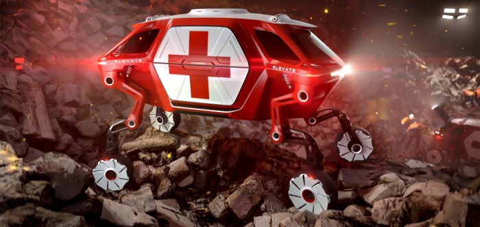 现代汽车的“Elevate”概念车是一款紧急车辆，展示了在地震救援等不规律的地面上行进的稳定能力。